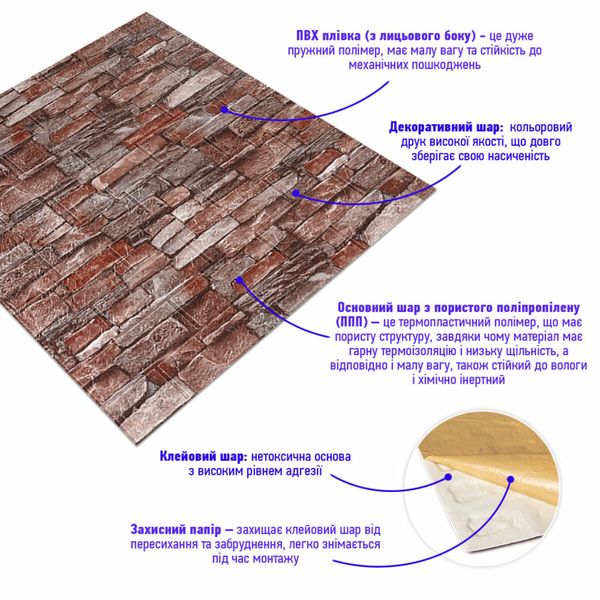 Самоклеюча 3D панель під камінь червоний пісковик 700x770x3мм (58-3) SW-00001319 SW-00001319 фото