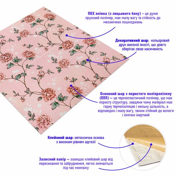 Самоклеюча декоративна 3D панель рожеві троянди 700x700x5мм (432) SW-00000763 SW-00000763 фото