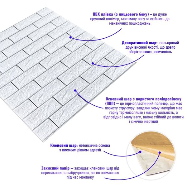 Самоклеюча 3D панель цегла біла смужка срібло 700х770х5мм (100-5) SW-00000753 SW-00000753 фото