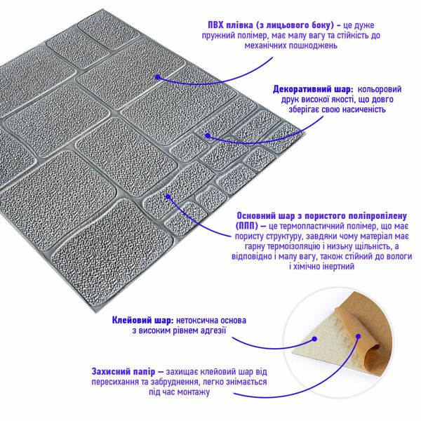 Самоклеюча декоративна 3D панель камінь срібло 700х700х6мм (153) SW-00000187 SW-00000187 фото