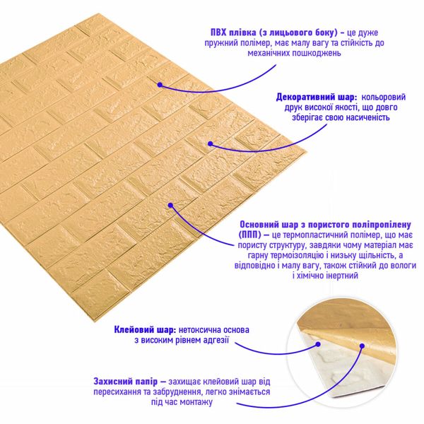 3D панель самоклеюча цегла Жовто-пісочний 700х770х5мм (009-5) SW-00000028 SW-00000028 фото